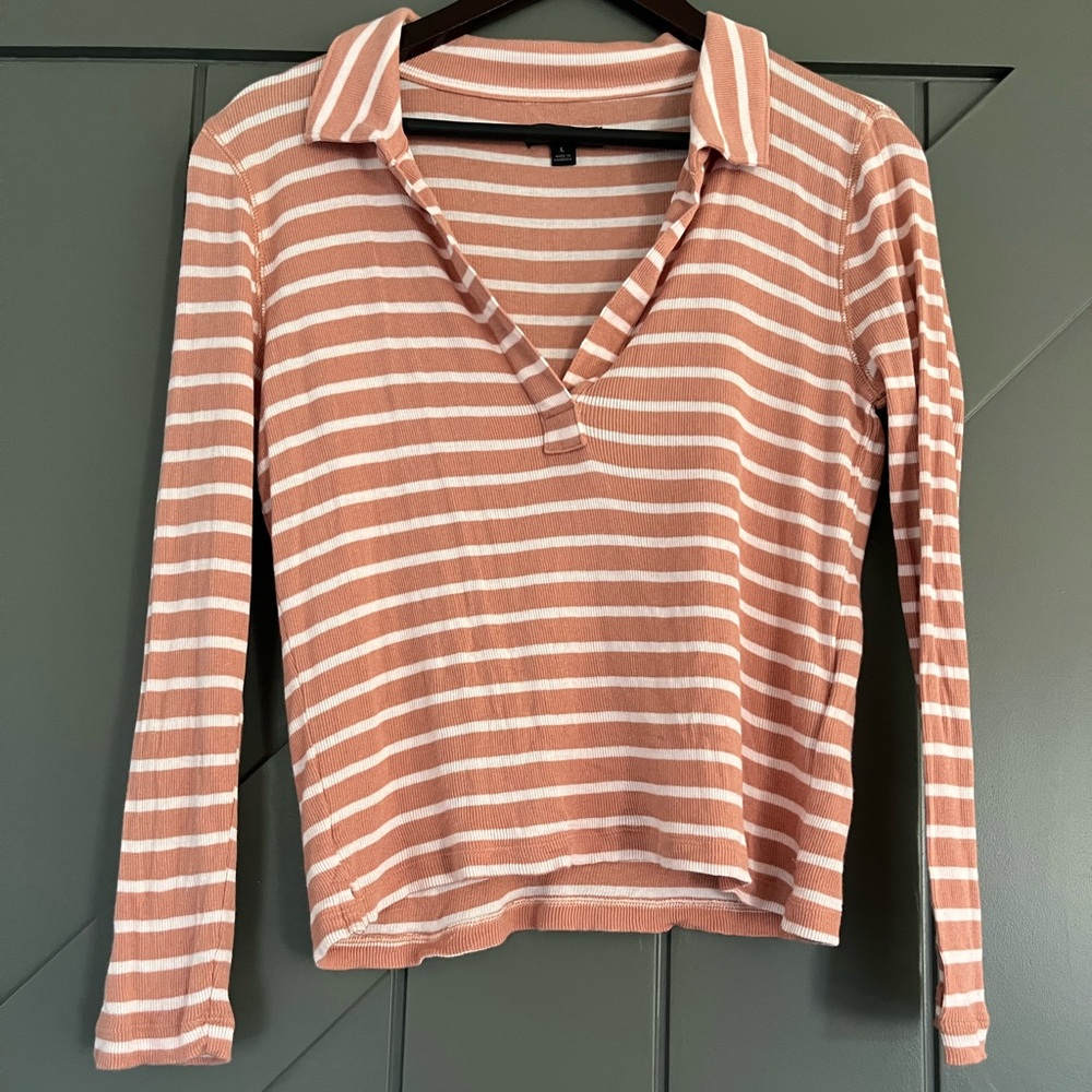 NWOT J Crew Striped Polo Long Sleeve Shirt in Pink and White